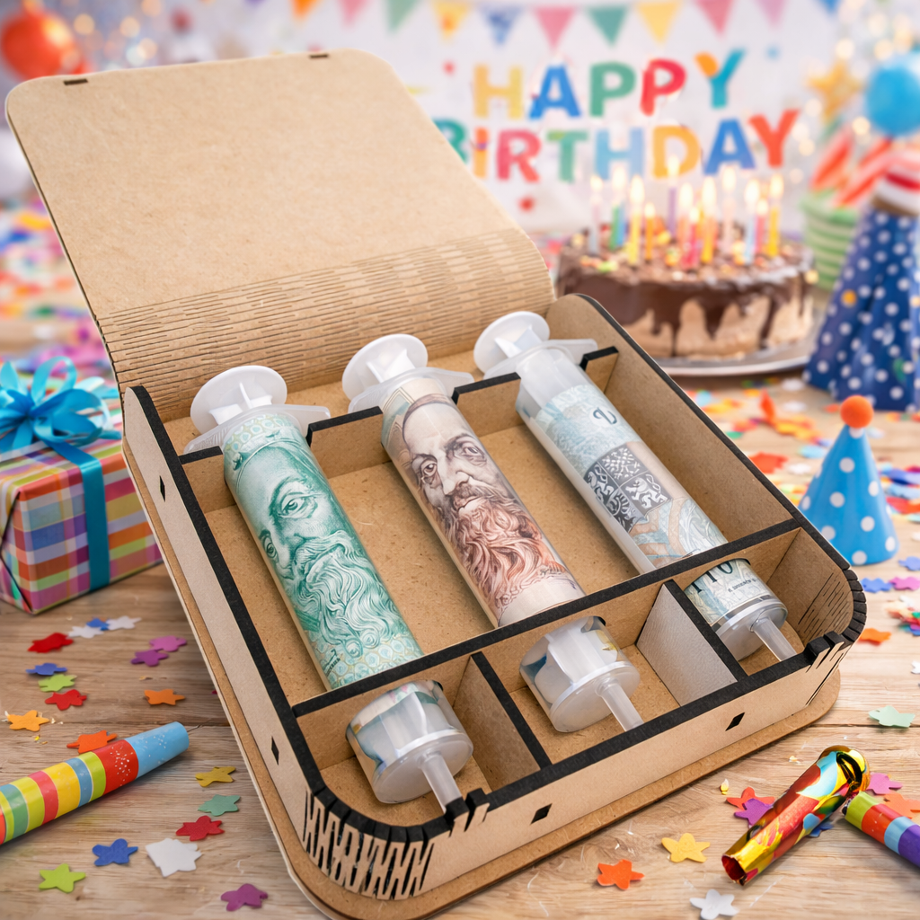 Dárková krabička na bankovky v injekcích - "Všechno nejlepší" - dort