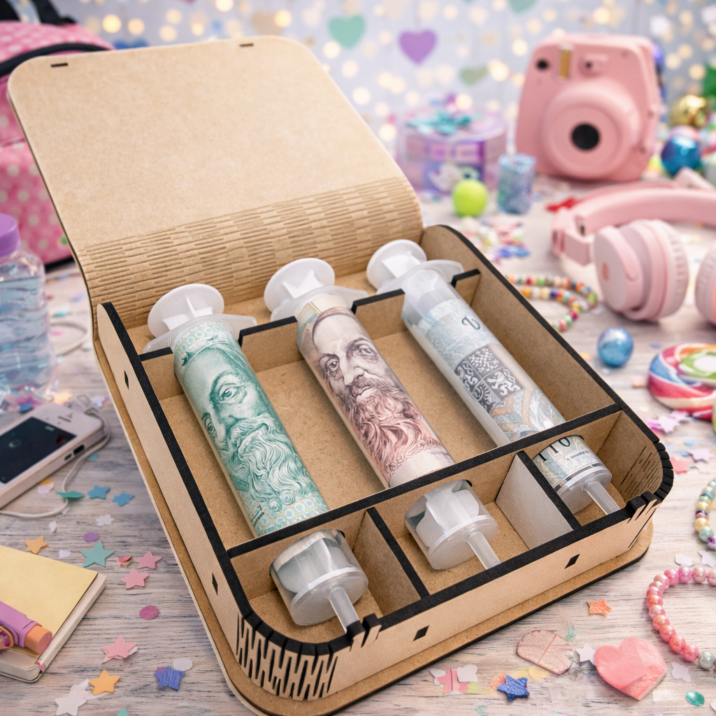 Dárková krabička na bankovky v injekcích - "Finanční pomoc pro zázračnici"