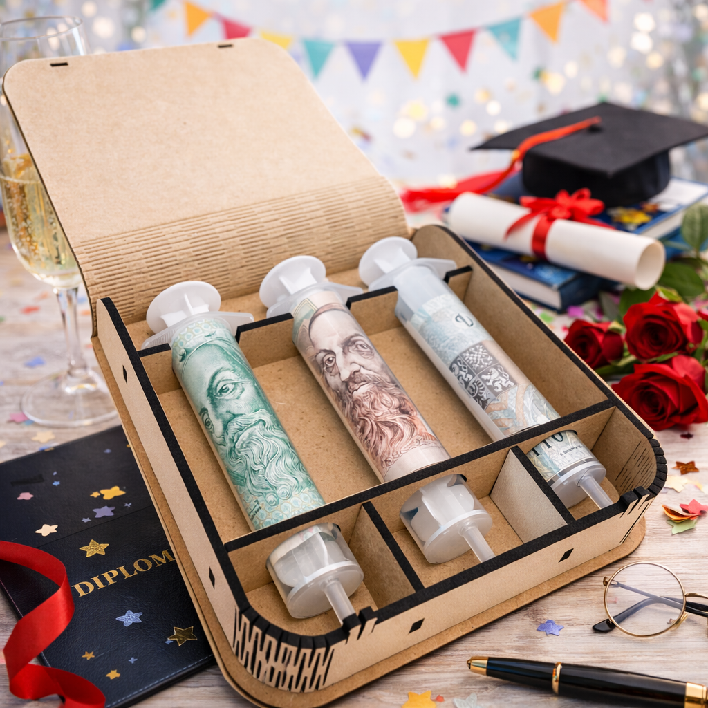 Dárková krabička na bankovky v injekcích - "Gratulace k promoci"