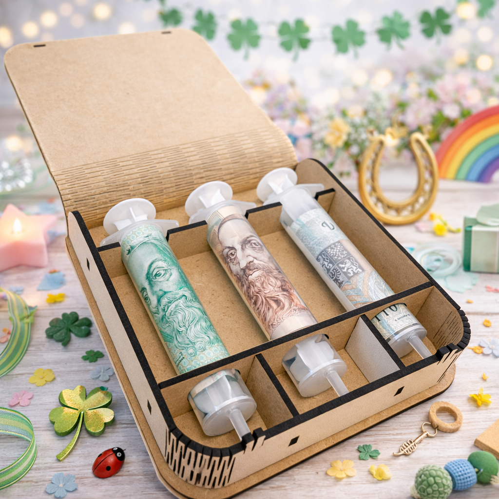 Dárková krabička na bankovky v injekcích - "Finanční injekce pro štěstí"