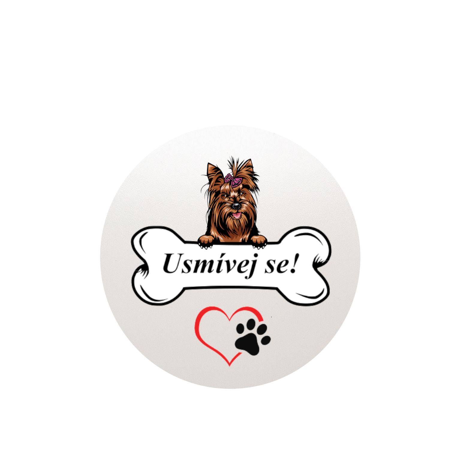 Set plecháček, podtácek, přívěšek motiv Joršírský teriér tmavý s mašlí