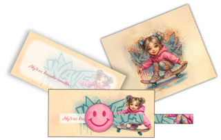Set obálka vysouvací + čistící utěrka na brýle - holka na skateboard
